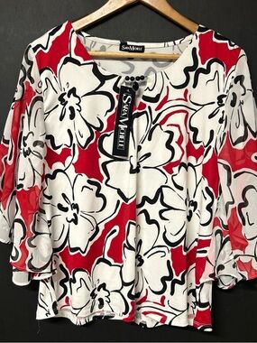 Sara Michelle Red, White & Black Floral Flutter-Sleeve Tunic